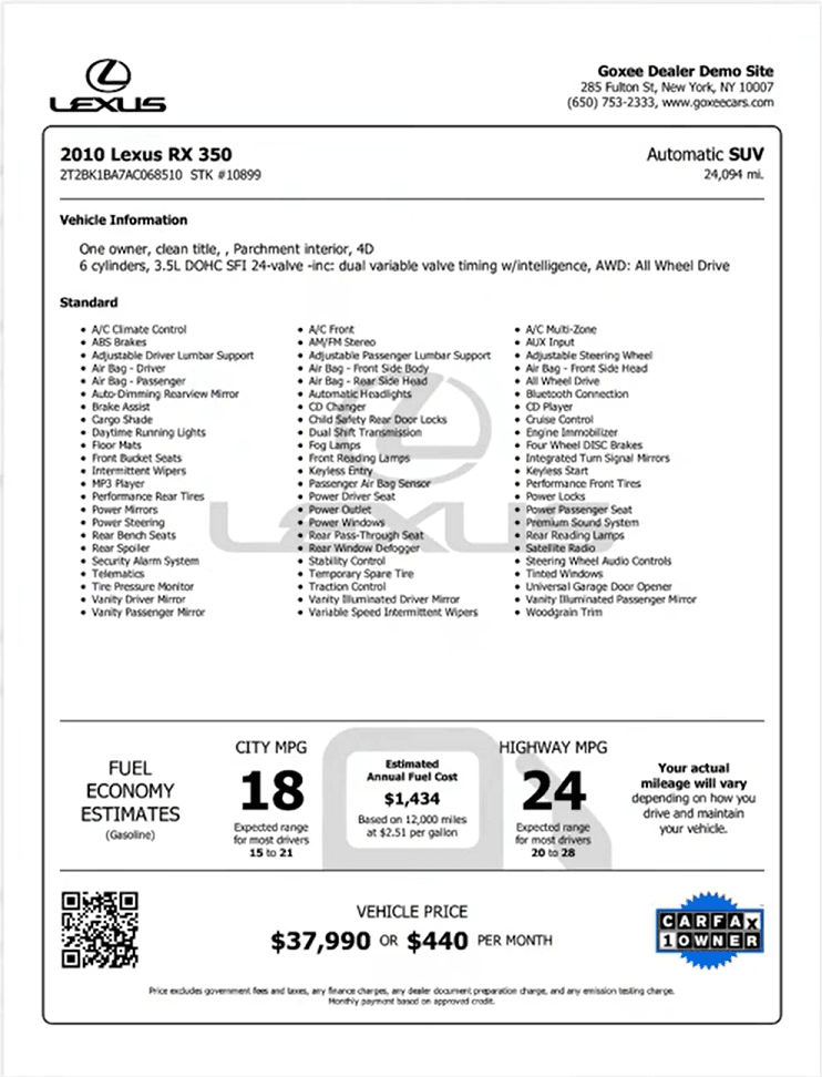 A generic black-and-white window sticker auto-printed by a dealer DMS: a 2010 Lexus RX 350 spec dump with no branding, no color, and no logo.