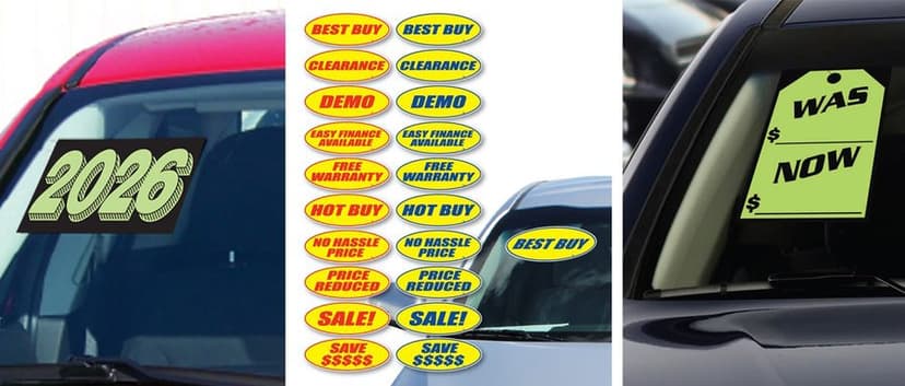 Oval slogan stickers and WAS/NOW price tags